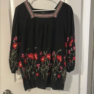 Celeste Black Embroidered Floral Peasant Top